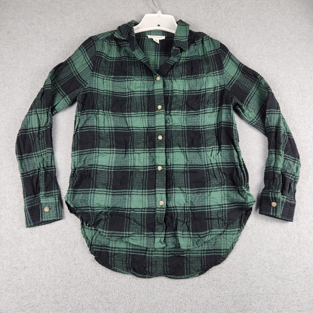 Beachlunchlounge Shirt Womens XS Green Black Plaid Long Sleeve Casual Button Up